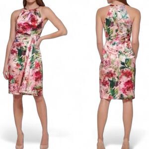 New Eliza J Size 8 Floral Printed Cut Out Sash Dress Watercolor Art To Wear NWT